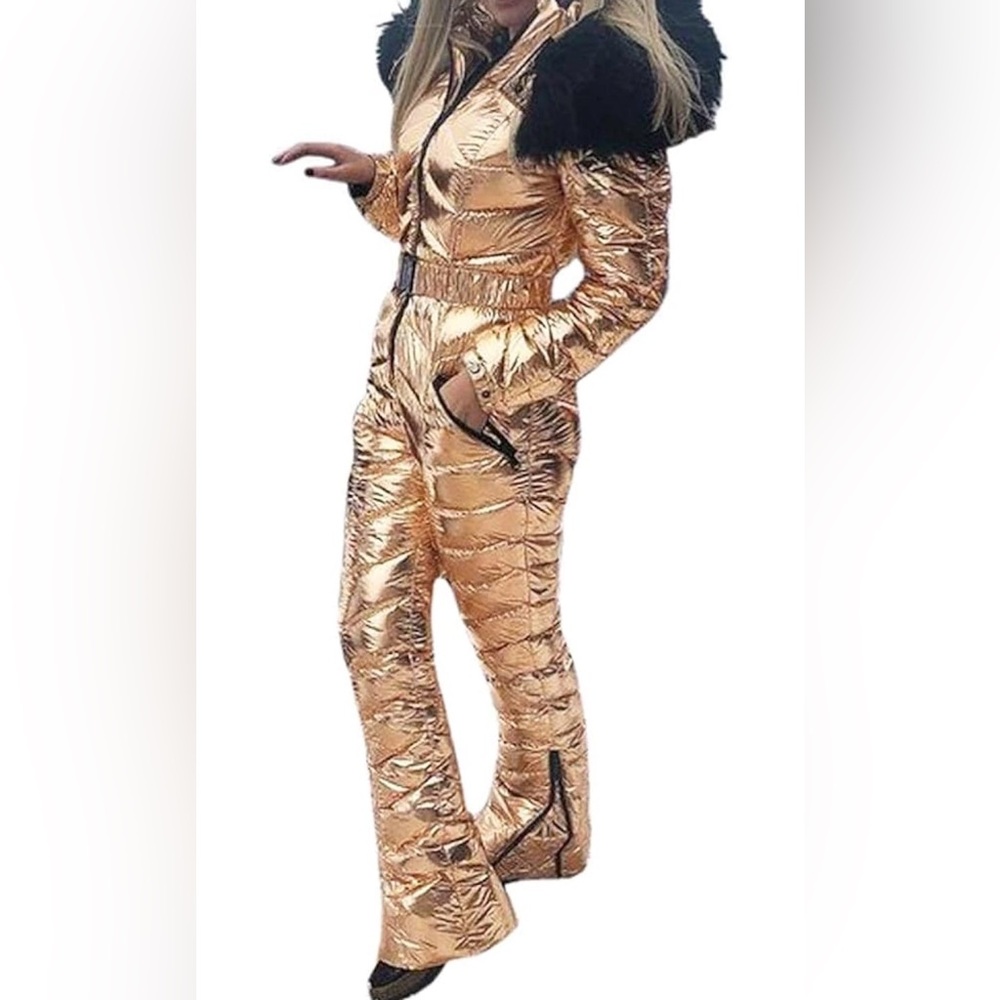 -❄️ Women  GOLD Winter Onesies Ski Suit Fur Collar Ski Jumpsuit Snowsuit *NEW*